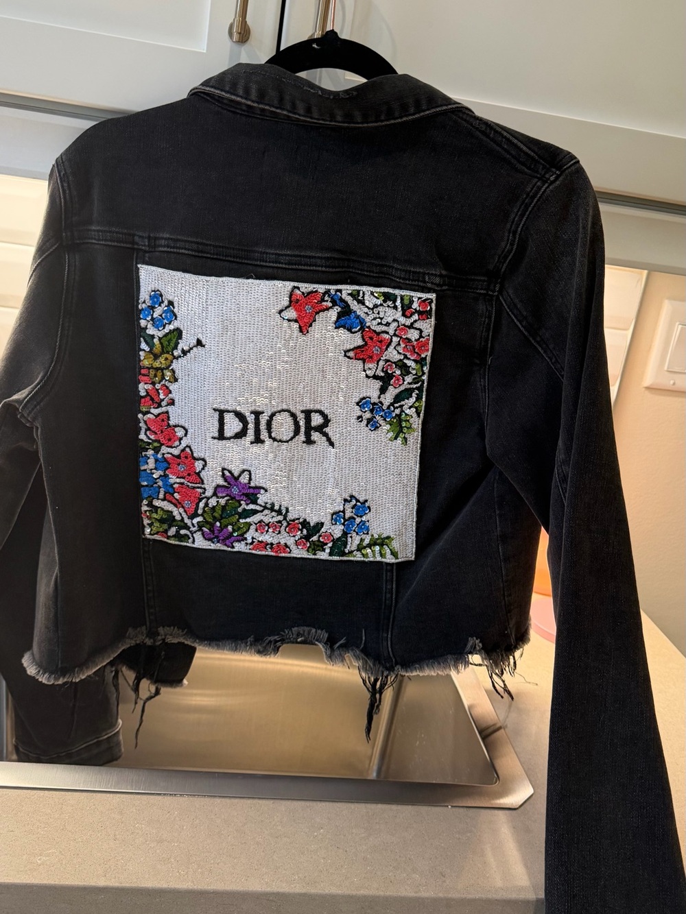 Dior emblem Black Cropped Denim Jacket with Floral Patch